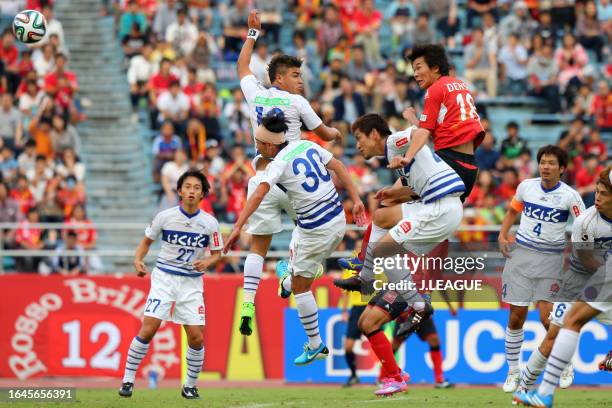 Kensuke Nagai of Nagoya Grampus heads to score his team's second goal during the J.League J1 match between Nagoya Grampus and Ventforet Kofu at...