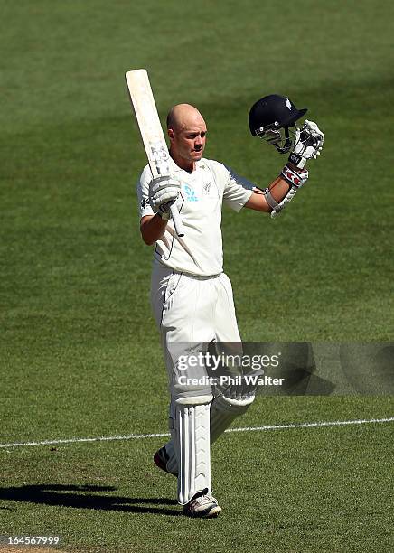 Peter Fulton of New Zealand celebrates his century during day four of the Third Test match between New Zealand and England at Eden Park on March 25,...