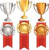 Vector set of three trophies and ribbon medals