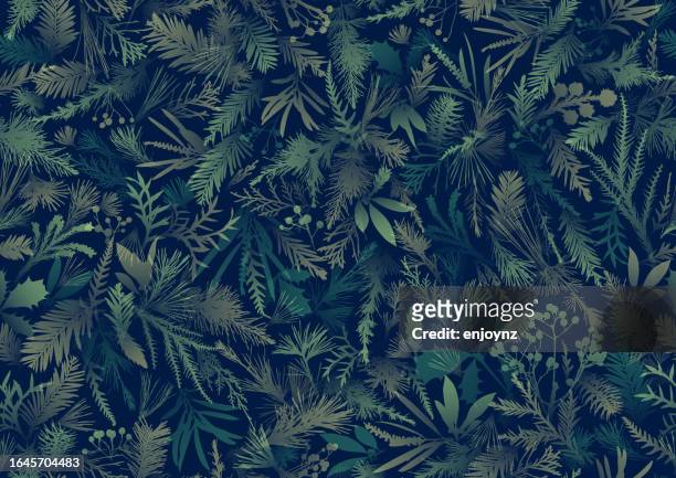 nahtloser camouflage-winter-weihnachtspflanzen-muster-tapetenhintergrund - leaves illustration stock-grafiken, -clipart, -cartoons und -symbole