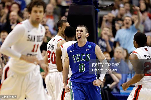 Brett Comer of the Florida Gulf Coast Eagles reacts in the second half while taking on the San Diego State Aztecs during the third round of the 2013...