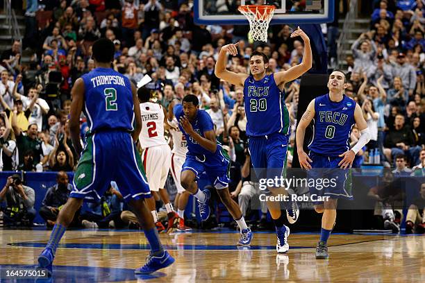 Chase Fieler and Brett Comer of the Florida Gulf Coast Eagles celebrate in the second half while taking on the San Diego State Aztecs during the...