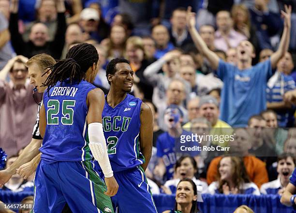 Sherwood Brown and Bernard Thompson of the Florida Gulf Coast Eagles celebrate in the second half while taking on the San Diego State Aztecs during...