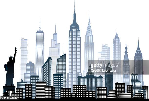 ilustraciones, imágenes clip art, dibujos animados e iconos de stock de horizonte de la ciudad de nueva york (todos los edificios son móviles y completos) - statue of liberty drawing