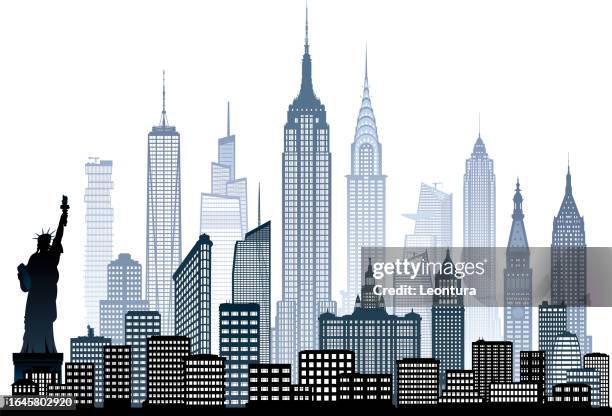 stockillustraties, clipart, cartoons en iconen met new york city skyline (all buildings are moveable and complete) - statue of liberty drawing