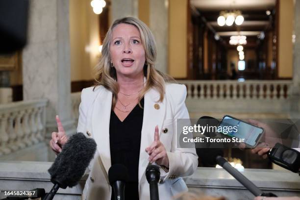 Ontario leader of the Opposition Marit Stiles scrums after Premier Doug Ford faced reporters at Queen's Park a day after housing minister Steve Clark...