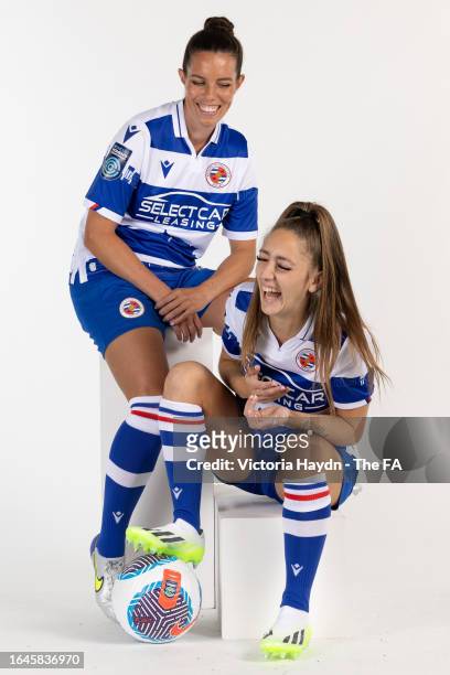 Deanna Cooper and Tia Primmer of Reading W.F.C. Pose during the Barclays Women's Championship portrait session at St George's Park on August 2, 2023...