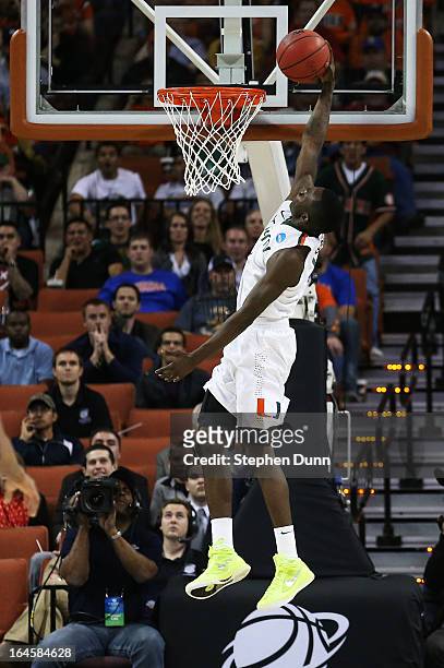 Durand Scott of the Miami Hurricanes dunks on the Illinois Fighting Illini in the second half during the third round of the 2013 NCAA Men's...