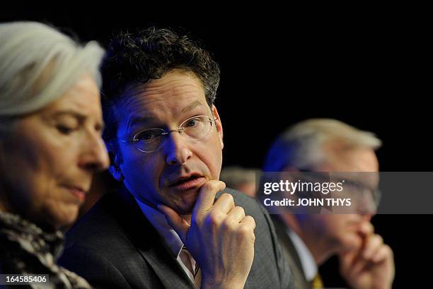 Dutch Finance Minister and President of the Eurogroup Council Jeroen Dijsselbloem takes part in a joint press conference with International Monetary...