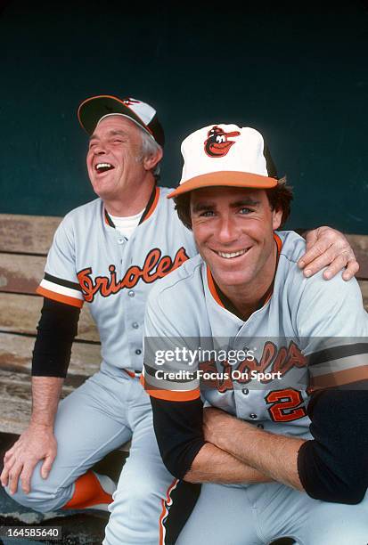 Pitcher Jim Palmer and manager Earl Weaver of the Baltimore Orioles laughing in this photo before a Major League Baseball game circa 1978. Palmer...