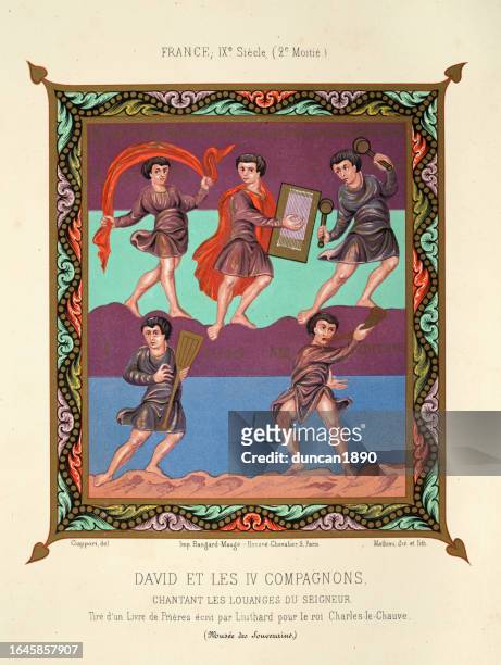 stockillustraties, clipart, cartoons en iconen met david and the fourth companions, from a book of prayers, written by liuthard for king charles the bald, 9th century french art - jonglieren