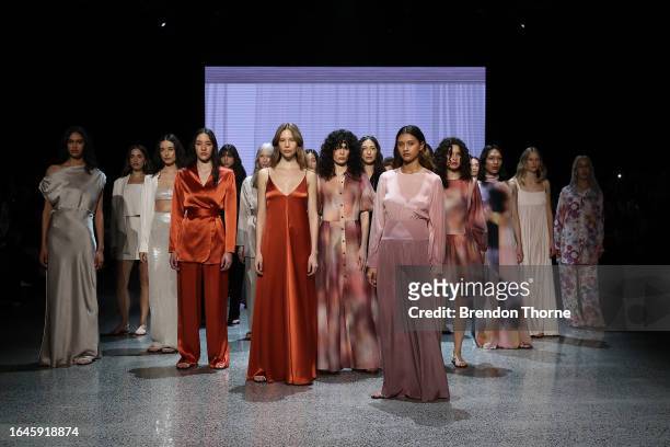 Models walk the runway during the Juliette Hogan show during New Zealand Fashion Week 23: Kahuria at Viaduct Events Centre‎ on August 29, 2023 in...