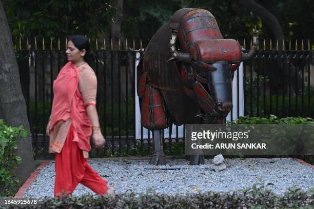 Scrap iron sculpture of an American bison, the national animal of USA is displayed at a park in New Delhi on September 5 ahead of the G20 India...