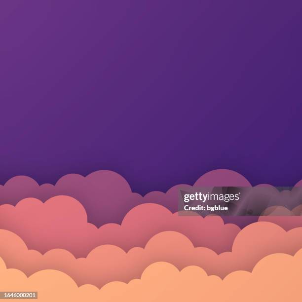orangefarbener himmel mit couds - papierschnitthintergrund - trendiges 3d-design - wolken stock-grafiken, -clipart, -cartoons und -symbole