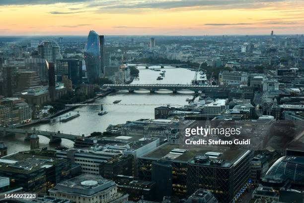 General view of city of London at sunset on August 21, 2023 in London, England. London is the capital of England, many of the inhabitants, called...