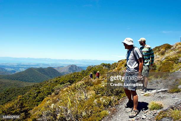 trampers on mt arthur track, motueka, new zealand. - nelson stock pictures, royalty-free photos & images