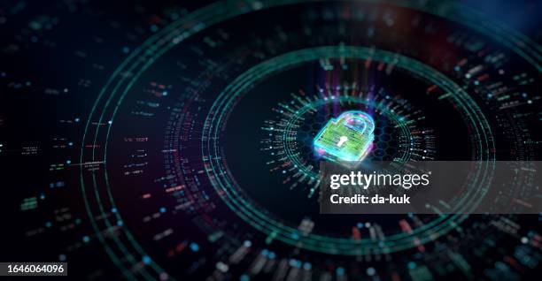 internet security background. security and safety evolution. futuristic lock and quantum central processing unit. cgi 3d render - modern quantum mechanics stock pictures, royalty-free photos & images