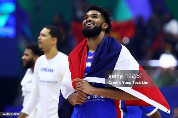 Karl-Anthony Towns of the Dominican Republic celebrates after the FIBA Basketball World Cup Group A victory over Angola at Araneta Coliseum on August...
