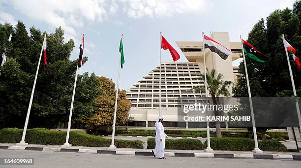 Man walks past flags of some of the 22 arab countries fluttering outside the hotel that will host the 24th summit of the Arab League on March 25,...