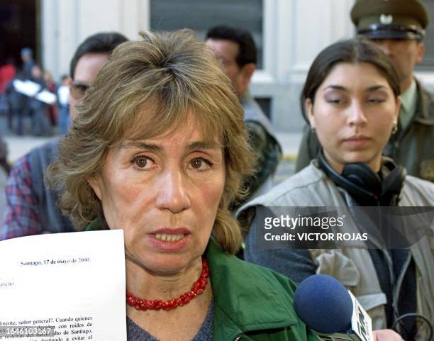 Gladys Marin, secretary general of the communist party, shows a letter from Gral. Ricardo Izurieta, commanders in the head of the exercise, 17 May...