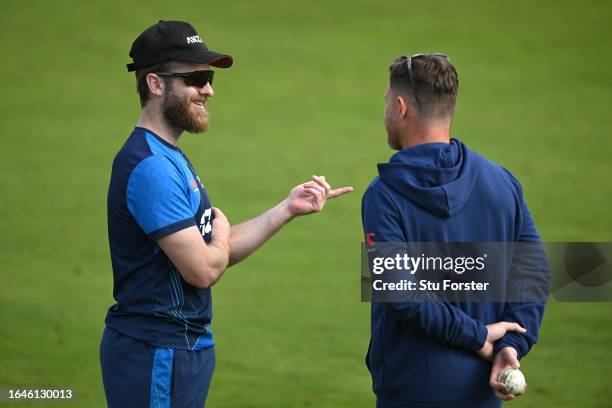 New Zealand player Kane Williamson speaks to batting coach Ian Bell during nets ahead of the 1st T20 I between England and New Zealand at Seat Unique...