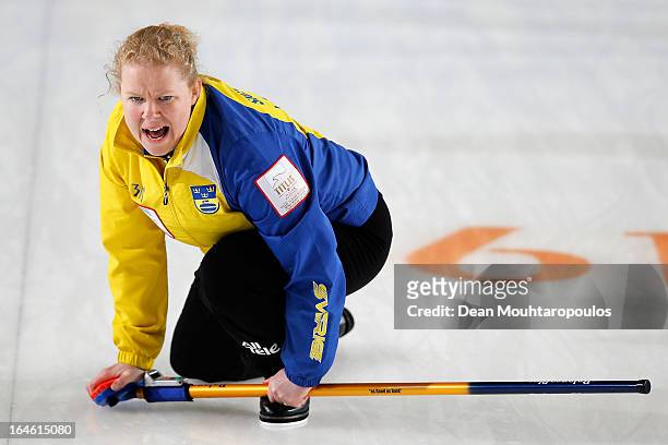 Margaretha Sigfridsson of Sweden screams instructions to team mates during the Gold medal match between Sweden and Scotland on Day 9 of the Titlis...