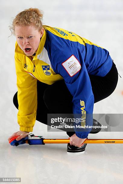 Margaretha Sigfridsson of Sweden screams instructions to team mates during the Gold medal match between Sweden and Scotland on Day 9 of the Titlis...