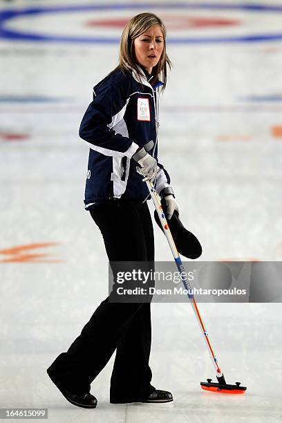 Eve Muirhead of Scotland looks on during the Gold medal match between Sweden and Scotland on Day 9 of the Titlis Glacier Mountain World Women's...