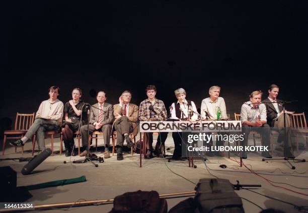 Vaclav Havel , a dissident playwright and leading member of the Czechoslovak opposition Civic Forum, attends a meeting with several leaders of the...