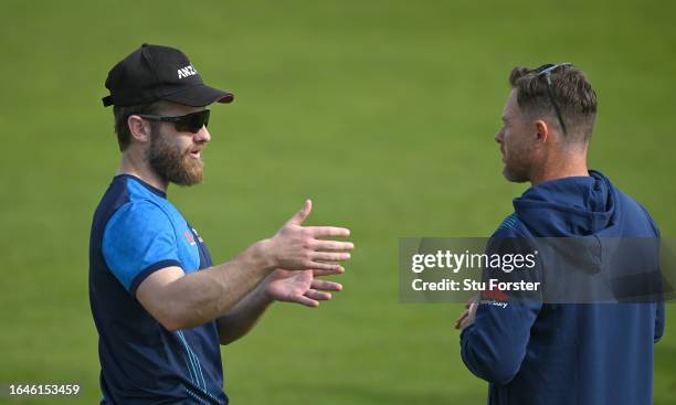 New Zealand player Kane Williamson speaks to batting coach Ian Bell during nets ahead of the 1st T20 I between England and New Zealand at Seat Unique...