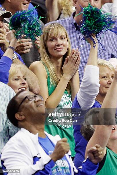 Amanda Marcum, the wife of head coach Andy Enfield of the Florida Gulf Coast Eagles, watches in the second half against the San Diego State Aztecs...