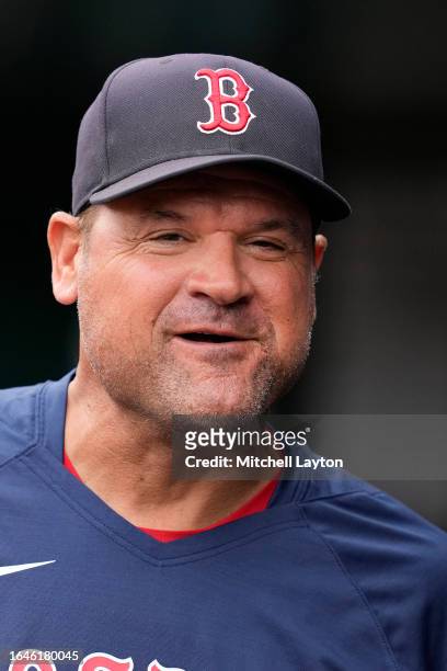 Field cordinator Andy Fox of the Boston Red Sox looks on during batting practice prior to a baseball game against the Washington Nationals at...