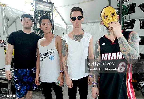 Matthew Curtis, Nick Tsang, Josh Friend, and Tony Friend of Modestep pose at the Ultra Music Festival on March 24, 2013 in Miami, Florida.