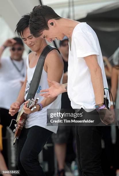 Nick Tsang and Josh Friend of Modestep perform at the Ultra Music Festival on March 24, 2013 in Miami, Florida.