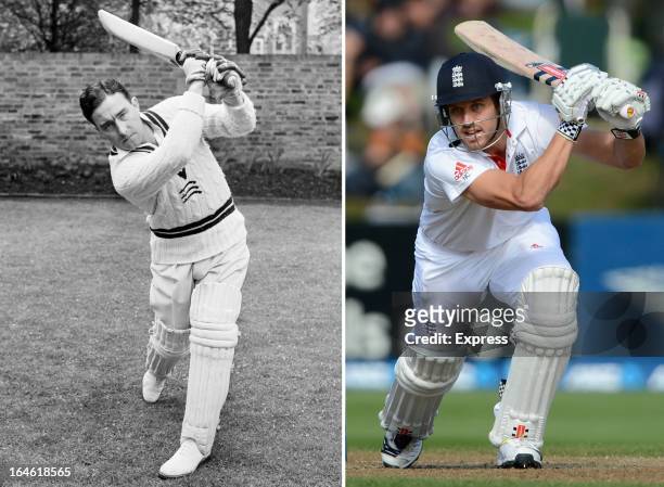 In this composite image a comparison has been made between Denis Compton and his grandson Nick Compton. Original image IDs are 163419759 and 3162288....
