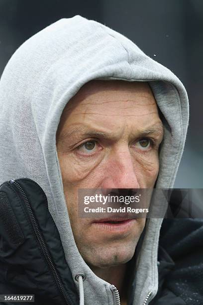 Brendan Venter, the Saracens technical director looks on during the Aviva Premiership match between Saracens and Harlequins at Allianz Park on March...