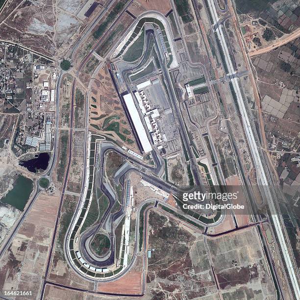 This is a satellite image of the Buddh International Circuit, Greater Noida, Uttar Pradesh, India, home to the Formula One Grand Prix automobile...