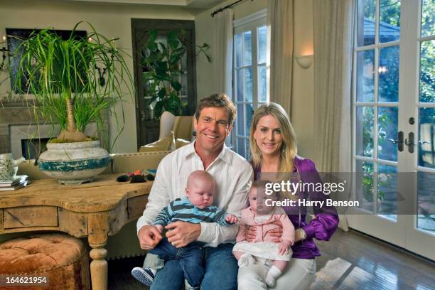 Actor Dennis Quaid and wife Kimberly are photographed with twins Thomas Boone and Zoe Grace for Architectural Digest in 2008 in Los Angeles,...