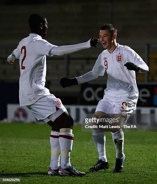 Bradley Fewster of England celebrates his goal with Temitayo Aina during the UEFA European Under-17 Championship Elite Round match between England...