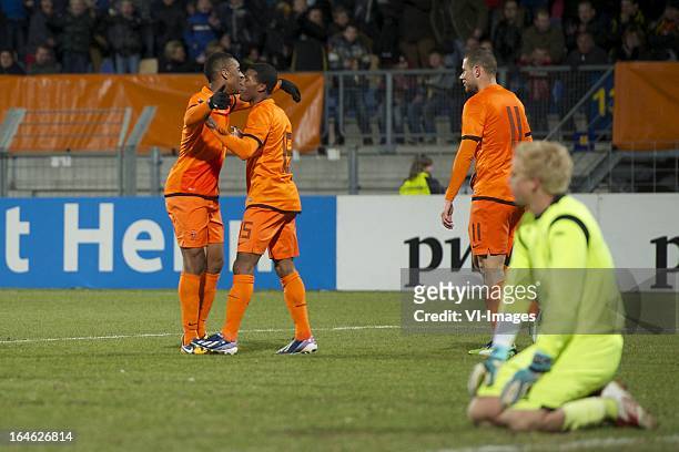 Leroy Fer of Holland U21, Georginio Wijnaldum of Holland U21, Yanic Wildschut of Holland U21, goalkeeper Arild Ostbo of Norway U21 during the...