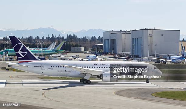 Polish Airlines Boeing 787 Dreamliner, with a redesigned lithium ion battery, prepares to take off during a test flight March 25, 2012 at Paine Field...