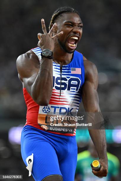 Noah Lyles of Team United States reacts after winning the Men's 4x100m Relay Final during day eight of the World Athletics Championships Budapest...