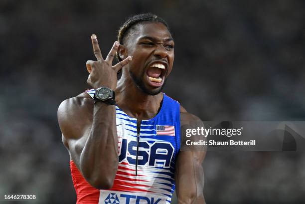Noah Lyles of Team United States reacts after winning the Men's 4x100m Relay Final during day eight of the World Athletics Championships Budapest...