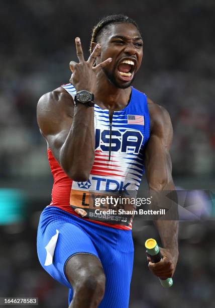 Noah Lyles of Team United States reacts after winning the Men's 4x100m Relay Final during day eight of the World Athletics Championships Budapest...