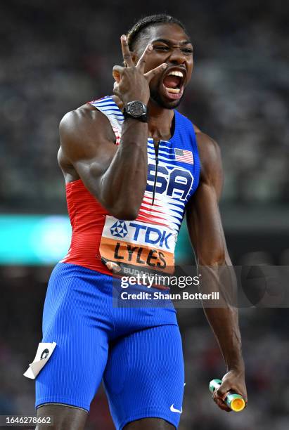 Noah Lyles of Team United States reacts after winning the Men's 4x100m Relay Final during day eight of the World Athletics Championships Budapest...