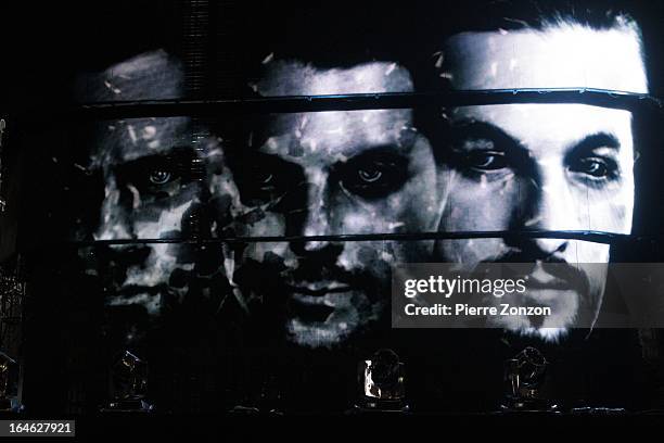 Swedish House Mafia picture from the screen at the Ultra Music Festival at Bayfront Park Amphitheater on March 24, 2013 in Miami, Florida.