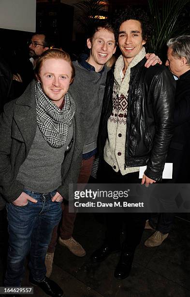 Conor MacNeill, Robert Emms and Robert Sheehan attend an after party following the press night performance of 'Peter And Alice' at The National Cafe...