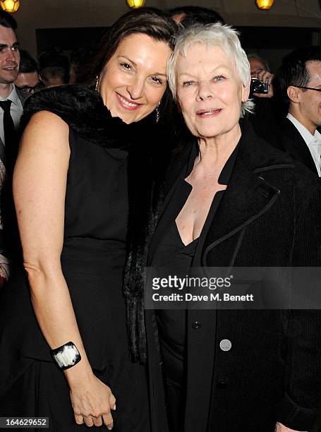 Barbara Broccoli and Dame Judi Dench attend an after party following the press night performance of 'Peter And Alice' at The National Cafe on March...