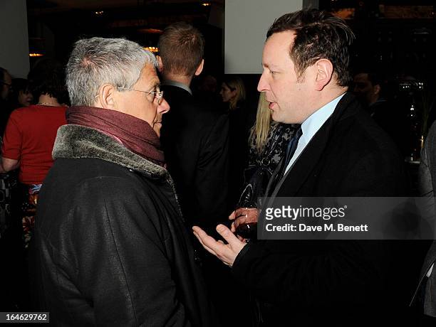 Sir Cameron Mackintosh and Ed Vaizey MP attend an after party following the press night performance of 'Peter And Alice' at The National Cafe on...