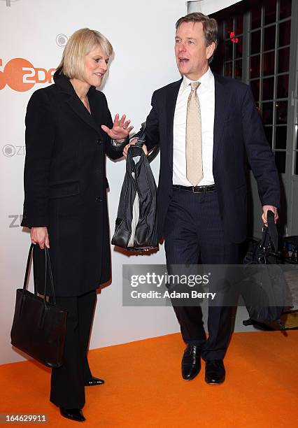 Gundula Gause and Claus Kleber pose on March 25, 2013 after a taping of one of the segments of the television program "50 Jahre ZDF" in Berlin,...